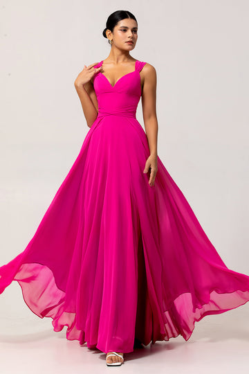 Fuchsia A Line Convertible Chiffon Long Bridesmaid Dress with Slit